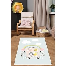 Mey İthalat Pelangi Gökkuşaklı ve Bulutlu Beautiful Day Yazılı Yıkanabilir Kaymaz Taban Leke Tutmaz Çocuk Odası Halısı, Mavi-Pembe 100 x 150, 9038680150100150