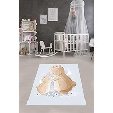 Mey İthalat Pelangi Sevimli Ayıcıklar Desenli Çiçekli Dijital Baskılı Kaymaz Yıkanabilir Leke Tutmaz Çocuk Odası Halısı, Mavi 80 x 350