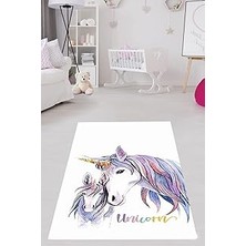 Mey İthalat Pelangi Unicorn At Desenli Halı Dijital Baskı Yıkanabilir Kaymaz Taban Beyaz Çocuk Odası Halısı, Mavi-Beyaz 80 x 350
