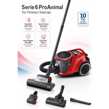 Bosch Turbo Başlık + Mini Hayvan Başlığı Serie 6 Proanimal 700 W Evcil Hayvan Tüyü Için Toz Torbasız Süpürge - 2,4 L Hazne, H13 Filtre, Kedi ve Köpek Sahiplerine, Kırmızı