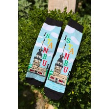 Lou Socks Unisex Istanbul Yazılı Kız Kulesi Desenli Mavi Soket Çorap