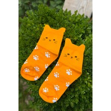 Lou Socks Unisex Kedi Kulaklı Pati Desenli Hardal Sarısı Soket Çorap