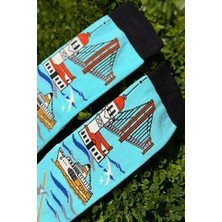 Lou Socks Unisex Istanbul Boğaz Köprüsü Desenli Turkuaz Soket Çorap