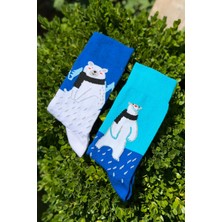 Lou Socks Unisex Sağlı Sollu Kutup Ayısı Desenli Mavi Soket Çorap