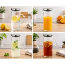 1500 ml Cam Sürahi Metal Kapaklı Şeffaf Sürahi Dayanıklı Cam Gövde Ergonomik Sap Akıtmaz Ağız Tasarımı Soğuk Içecekler Için Limonata Meyve Suyu Su Sürahisi Modern Mutfak Kullanımı