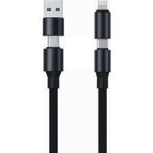 4 In 1 Usb-A+Type-C To Type-C+Lightning Ile Uyumlu Süper Hızlı Şarj ve Data Kablosu SIYAH(YK-K347, 4 In 1)