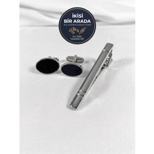 BLC Basic Line Co. Lunar Eclipse – Minimalist Oval ve Klasik Çizgili Kol Düğmesi ve Kravat Iğnesi Seti