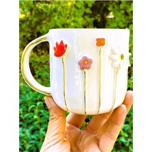 Büyük Pazar Store Cw Celine's Wonders 24 Ayar Altın Detaylı Ilkbahar Çiçek Kabartmalı 450 ml El Yapımı Mug Spring Flower