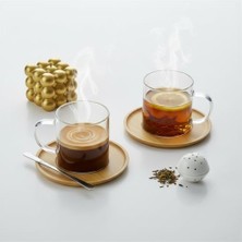 Büyük Pazar Store Bambu Tabaklı 2'li Cam Fincan Seti 150 ml - Yuvarlak/kare Seçenekli Borosilikat Bitki Çayı ve Double Kahve Fincanı (Yuvarlak Tabaklı)