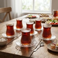 Büyük Pazar Store 12 Parça Çay Seti - 6 Adet Fitil Desenli Cam Çay Bardağı ve 6 Adet Cam Çay Tabağı - Isıya Dayanıklı Çay Takımı