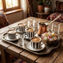 6 Kişilik Porselen Türk Kahvesi Fincan Takımı – Modern Siyah Beyaz Çizgili ve Altın Yaldız Detaylı 12 Parça Kahve Seti (Hediye Kutulu)