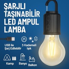 Şarjlı Taşınabilir LED Ampul Lamba – USB ile Şarj Edilebilir, 3 Kademeli Işık, Asma Kancalı & Kamp, Bahçe, Dolap, Balkon, Banyo Için Acil Aydınlatma (3200K)