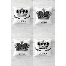 King And Queen Taç Desenli Gizli Fermuarlı Kırlent Kılıfı Koltuk Yastık Kılıfı TAKIM(4ADET), Siyah-Gri-Beyaz 45 x 45
