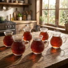 6'lı Kulplu Borosilikat Fitil Desenli Cam Çay Bardağı Seti - Geniş Ağızlı Tombul Tasarım, Isıya Dayanıklı Çay Takımı 180ML