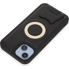 & Aksesuar iPhone 13/14 Için Magsafe ile Uyumlu Arkası Deri Görünümlü, Yapıya Sahip Kamera Çerçeveli Ultra Güçlendirilmiş Magsafe Özellikli Açılır Stantlı Darbeye Dayanıklı Kılıf (Siyah)