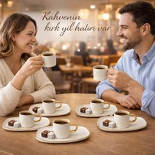 6’lı Beyaz Gold Detaylı Kahve Fincanı ve Sunum Tabaklı Set – Yazılı Tasarım, Porselen Türk Kahvesi Seti