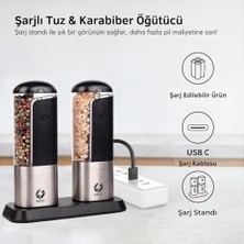 Neo Şarjlı Stantlı Karabiber, Tuz Öğütücü, Şarjlı Otomatik Tuz Öğütücü, 3 Kademe Ayarlı Baharat Değirmeni, LED Işıklı Tuzluk & Biberlik, Portatif Her Alana Uygun Kullanım