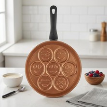 Redio Emoji Pankek ve Yumurta Tavası - 7 Bölmeli Gülen Yüz Tasarımlı, Yanmaz Yapışmaz Krep Tavası (28 Cm) (Bronz)