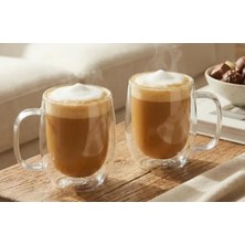 Çift Cidarlı Borosilikat Cam Kupa, Kulplu, Şeffaf, 250ML,