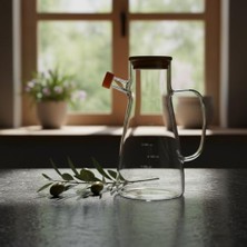 1 Adet 900 ml Bambu Kapaklı Borosilikat Cam Yağlık ve Sirkelik, Isıya Dayanıklı ve Ölçekli Tasarım, Damlatmaz Ağızlı Modern Mutfak Sosluk Şişesi