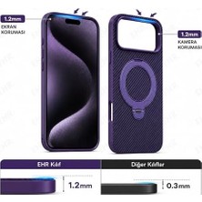Ehr. iPhone 17 Pro ile Uyumlu Magsafe Wireless Şarj Özellikli Kamera Çıkıntılı Standlı Carbon Içi Kadife Silikon Arka Kapak (Mor, iPhone 17 Pro)