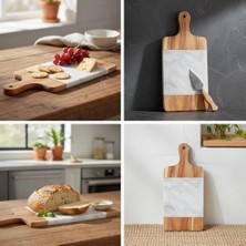 Akasya Mermer Sunumluk 33X13 cm - Doğal Ahşap ve Beyaz Mermer Detaylı Peynir, Şarküteri ve Kahvaltı Sunum Tahtası