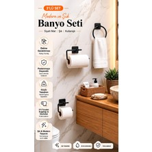 Riya Home Ev & Dekorasyon Yapışkanlı Siyah Tuvalet Kağıtlığı, Yuvarlak Havluluk ve Rulo Peçetelik 3’lü Set