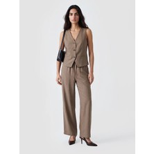 LC Waikiki  Lcw Lcw Vision Kahverengi Beli Lastikli Keten Karışımlı Kadın Pantolon