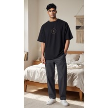 Lumora Store %100 Pamuk L Monogram Baskılı Erkek Oversize Tişört Siyah