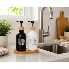 Hype Store 2’li Hands & Dishes Siyah Beyaz Cam Sabunluk Seti – Modern Minimalist Tasarım, 500 ml Kapasiteli, Bambu Standlı Dekoratif Mutfak & Banyo Sıvı Sabunluk Dispenser Seti