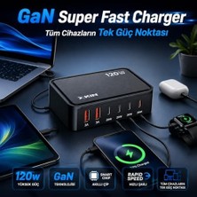 Hype Store 120W Gan Şarj Istasyonu 5 Portlu Hızlı Şarj Adaptörü PD30W QC18W Smart Chip Teknolojili Usb-A Usb-C Çoklu Şarj Cihazı Masaüstü Hızlı Şarj Ünitesi | XK-HC205 (Siyah)