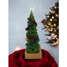 Hype Store Dekoratif Noel Ağacı Mumu, El Yapımı Yeşil Balmumu, Tinsel ve Süslemeli, Yılbaşı Temalı, 15 cm