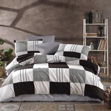 Hype Store Lüks%80 Pamuklu Çift Kişilik Nevresim Takımı Seti Yorgan Kılıfı Siyah Gri Beyaz Kareli Desen 200X220 cm + Lastikli Battal Boy Çarşaf 180X200X30 cm +2 Yastık Kılıflı 50X70 cm