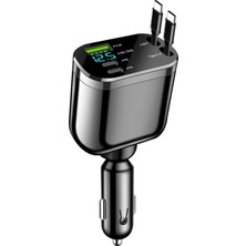 YK Design M4 5 In 1 Geri Çekilebilir Makaralı Araç Şarj Cihazı | 75W Pd Type-C Hızlı Şarj Kablolu, 12V/24V Çakmak Soket Adaptörü (Abs+Pc Gövde)