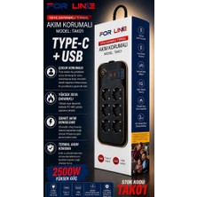Siyah Forline 6 Soketli 2 Type-C + 2 USB Girişli 2metre Kablolu Akım Korumalı Grup Priz