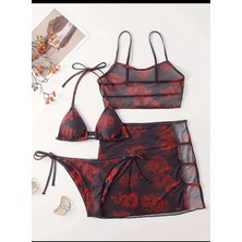 Pelius Siyah Kırmızı Ejderha Desenli 4’lü Asya Anime Bikini Takımı Crop Top, Pareo ve Üçgen Bikini Alt Üst