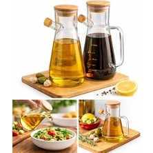 TeOra Store Cam Yağlık Şişe Seti Ahşap Kapaklı, Damlatmaz Akıtma Uçlu Cam Sirkelik ve Zeytinyağı Şişesi, Ölçü Işaretli Mutfak Yağ Dispenseri, Salata Sosu Dökme Sürahisi, Sızdırmaz Kapaklı