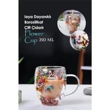 TeOra Store 350 ml Isıya Dayanıklı Borosilikat Çift Çidarlı Flower Cup Bardak Çiçekli Kahve Sunum Bardağı