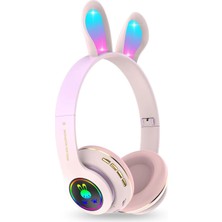 TeOra Store Tavşan Kulaklı Bluetooth Kulaklık, Renkli LED Işıklı, 5.0 Versiyon, Ayarlanabilir Büyüklük, Hafıza Kart Girişli, 40MM Kulaklık, 6 Saat Kullanım Süresi, Bass Tiz Müthiş Ses (Toz Pembe)