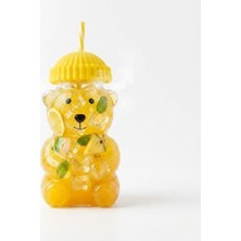TeOra Store Sevimli Ayı Şekilli Cam Bardak, Pipetli ve Kapaklı, Renkli Şemsiye Tasarım, Meyve Suyu ve Soğuk Içecekler Için (Sarı)