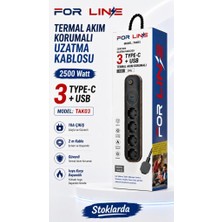 Siyah Forline 4 Soketli Type-C + 2 USB Girişli 2metre Kablolu Akım Korumalı Grup Priz