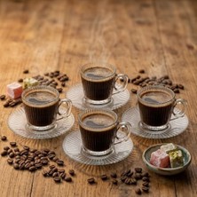 Wheat Grains Global Store 6’lı Cam Kahve Fincanı Seti Çizgili Desenli Şeffaf Fincan ve Tabak Takımı 8 cm Espresso Türk Kahvesi Sunum Seti