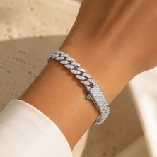 Valmont Accessories Gümüş Renk Zirkon Taşlı Cuban Zincir Kadın Bileklik 19 cm Paslanmaz Çelik