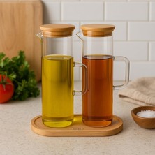 TeOra Store Lavino 3 Parça 400 ml Borosilikat Yağlık - Bambu Altlık ve 2 Adet Bambu Kapaklı Cam Yağdanlık