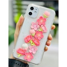 TeOra Store Iphone 11 ile Uyumlu Oyuncak Pembe Çiçek Tasarımlı Esnek Silikon Kılıf