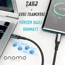 TeOra Store 100W Type-C Dijital Göstergeli Şarj ve Veri Kablosu, Örgülü, 1.2 Metre, Siyah