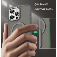 Wheat Grains Global Store & Aksesuar iPhone 16 Pro Için Magsafe ile Uyumlu Arkası Mat Yapıya Metal Kamera Çerçeveli Ultra Güçlendirilmiş Açılır Stantlı Tork Kılıf (Gri)