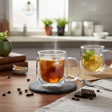 TeOra Store Çift Cidarlı (Double Wall) Kulplu Cam Kupa - 250 ml Isıya Dayanıklı Borosilikat Çay ve Kahve Kupası - El Yakmayan Modern Tasarım Mug