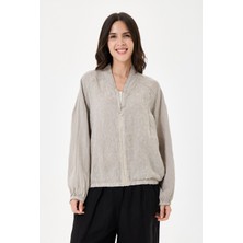 Della Moor Italyan %100 Keten Nakışlı Fermuarlı Düşük Kol Oversize Keten Bluz 38 - 44 Beden