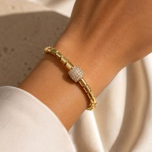 Valmont Accessories Paslanmaz Çelik Zirkon Taşlı Silindir Detay Kadın Bileklik 19+5 cm Ayarlanabilir